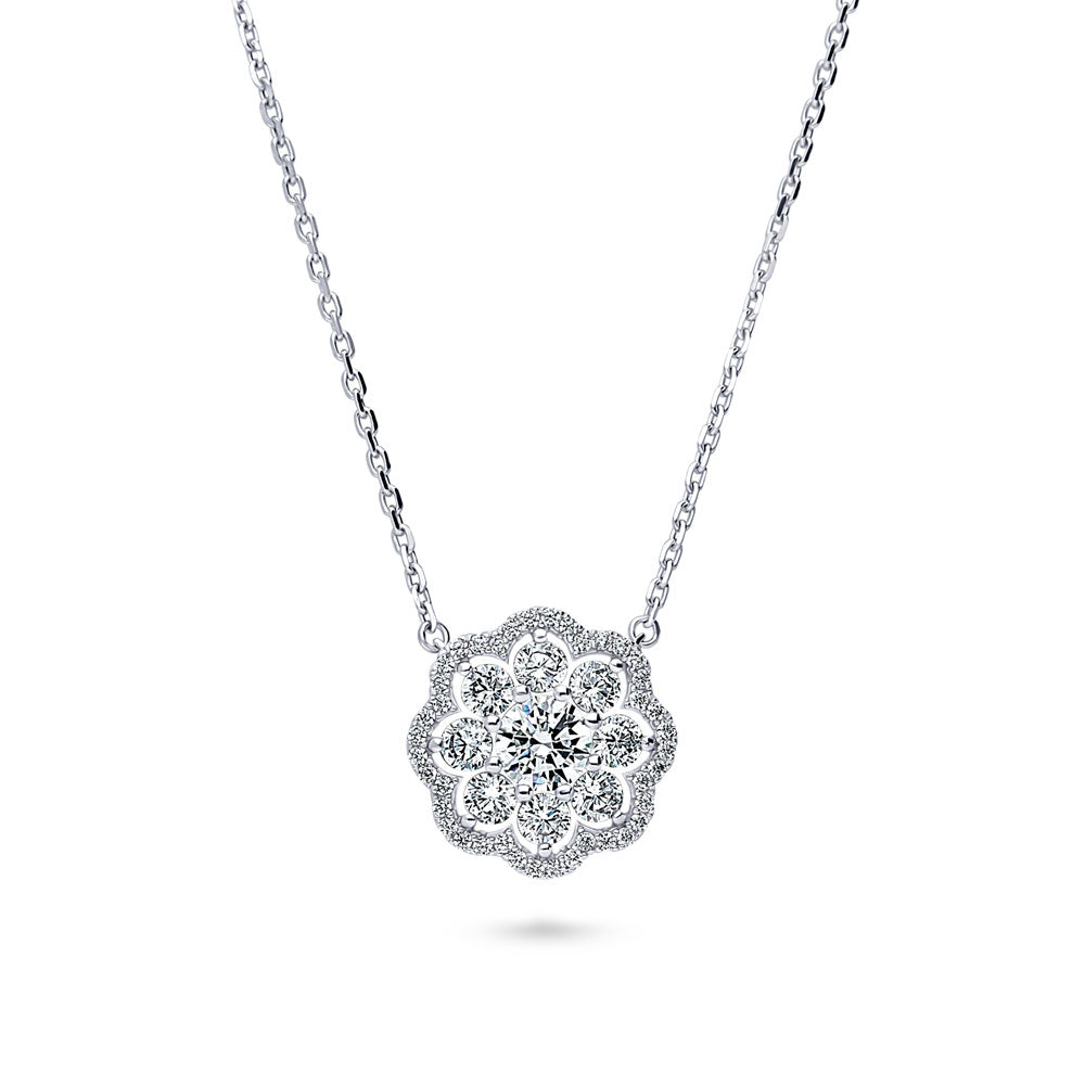 Flower Halo CZ Pendant Necklace in Sterling Silver