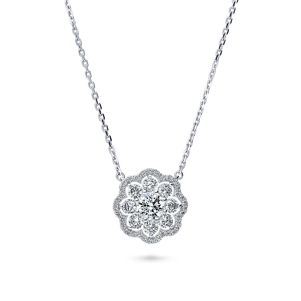 Flower Halo CZ Pendant Necklace in Sterling Silver, 1 of 10