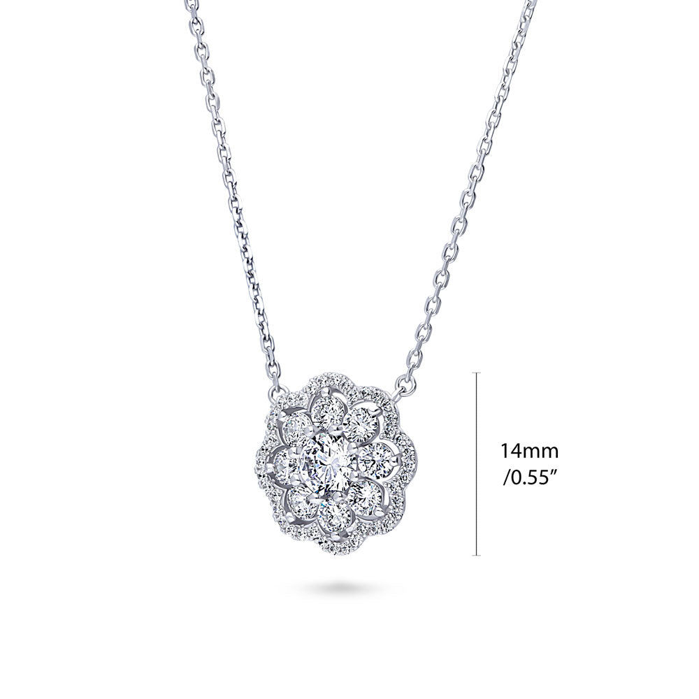 Front view of Flower Halo CZ Necklace and Earrings Set in Sterling Silver, 9 of 14