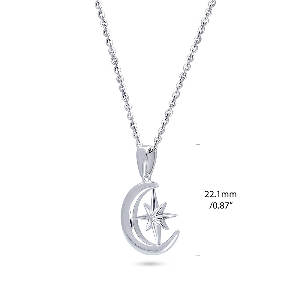 Front view of Crescent Moon North Star Pendant Necklace in Sterling Silver