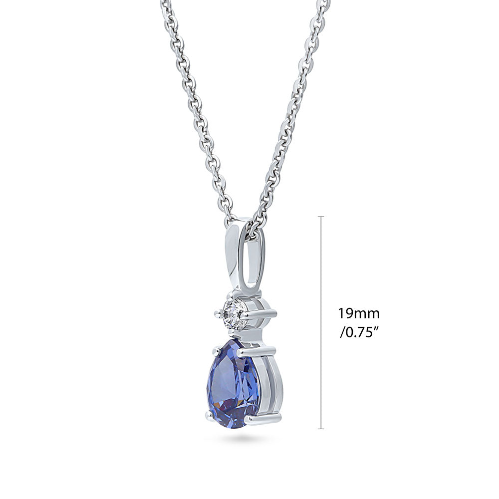 Front view of 2-Stone Simulated Blue Tanzanite CZ Pendant Necklace in Sterling Silver