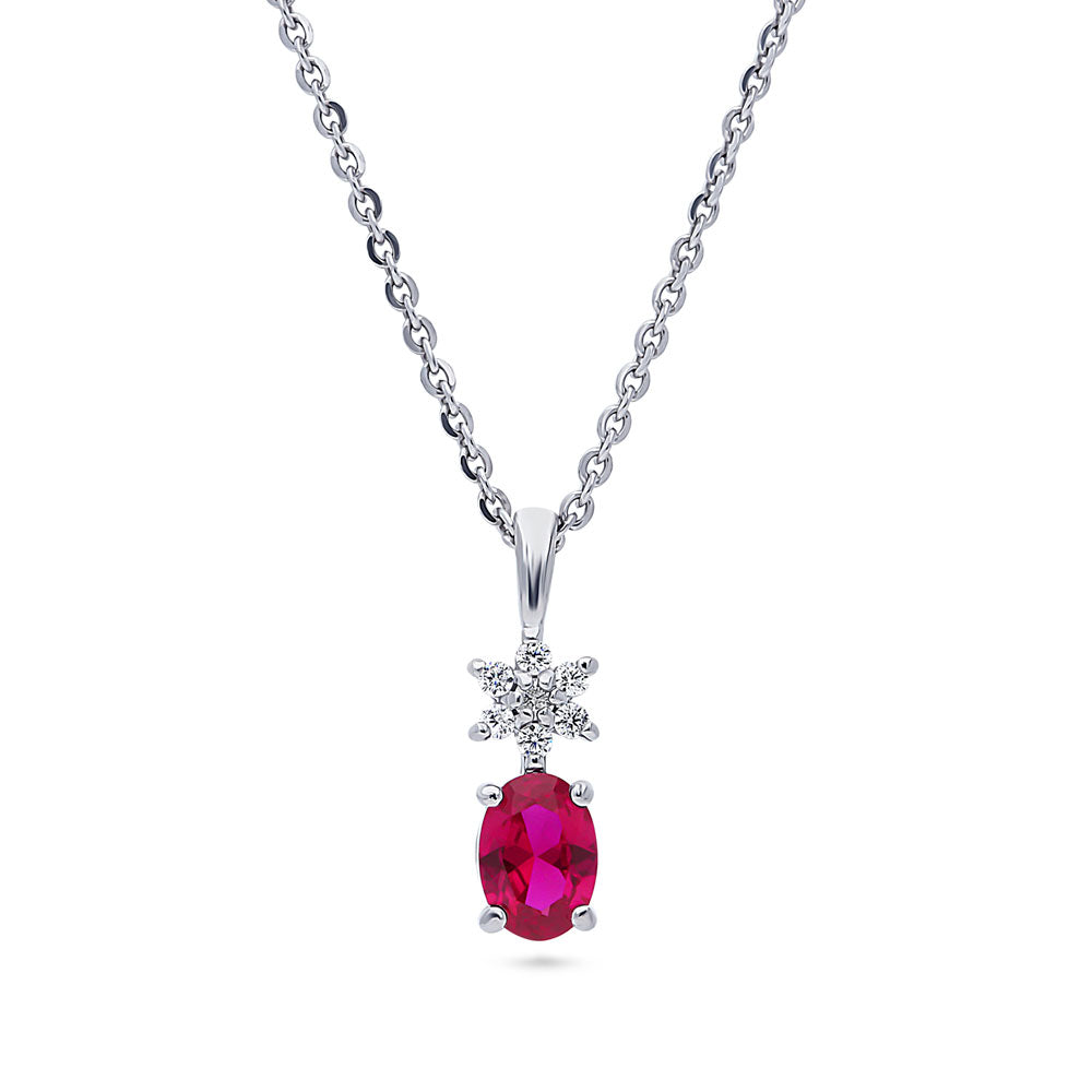 Flower Simulated Ruby CZ Pendant Necklace in Sterling Silver