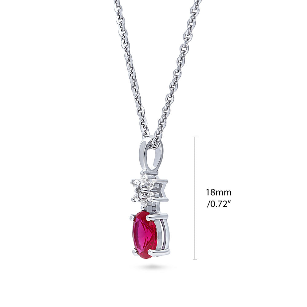Front view of Flower Simulated Ruby CZ Pendant Necklace in Sterling Silver