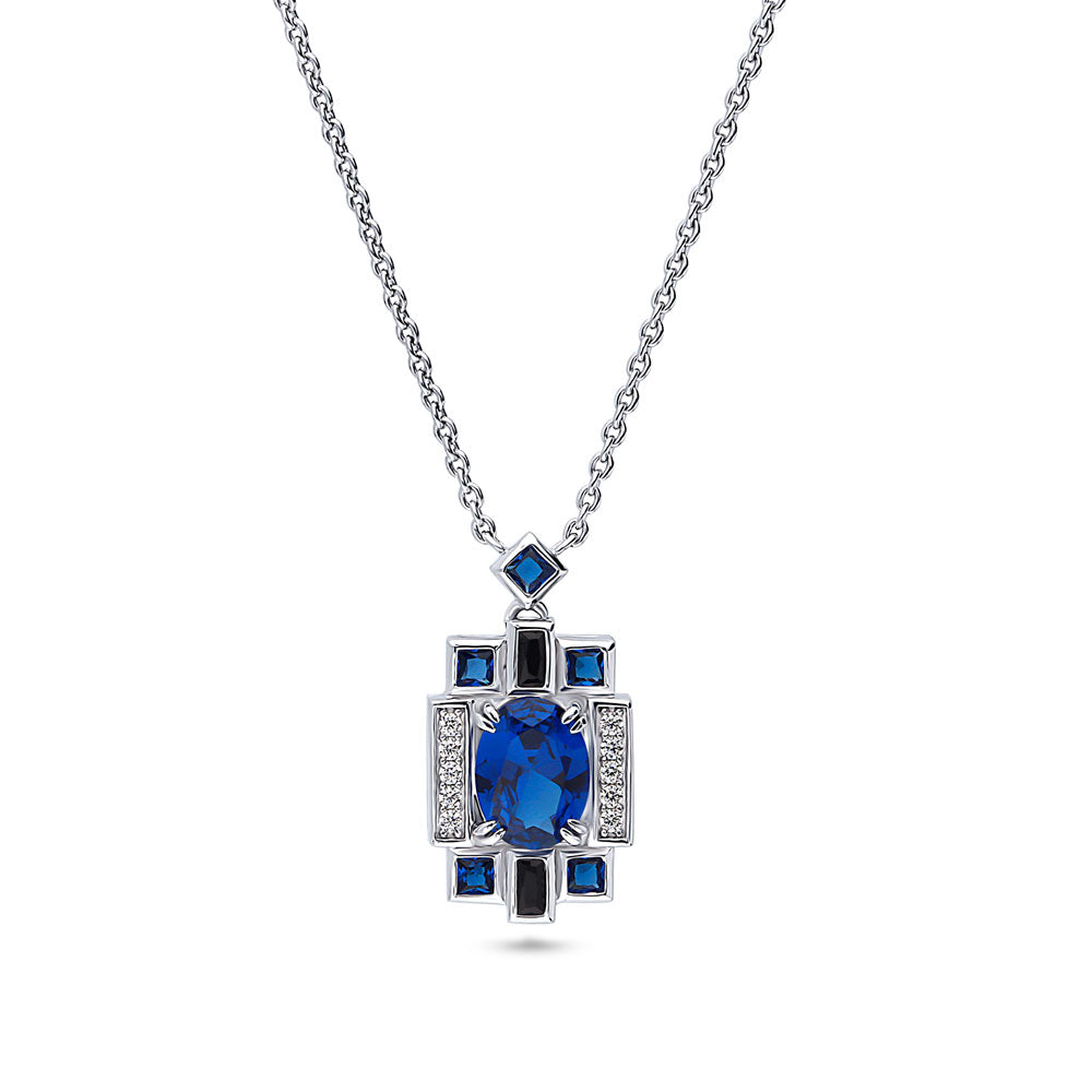 Art Deco Simulated Blue Sapphire CZ Pendant Necklace in Sterling Silver, 1 of 9