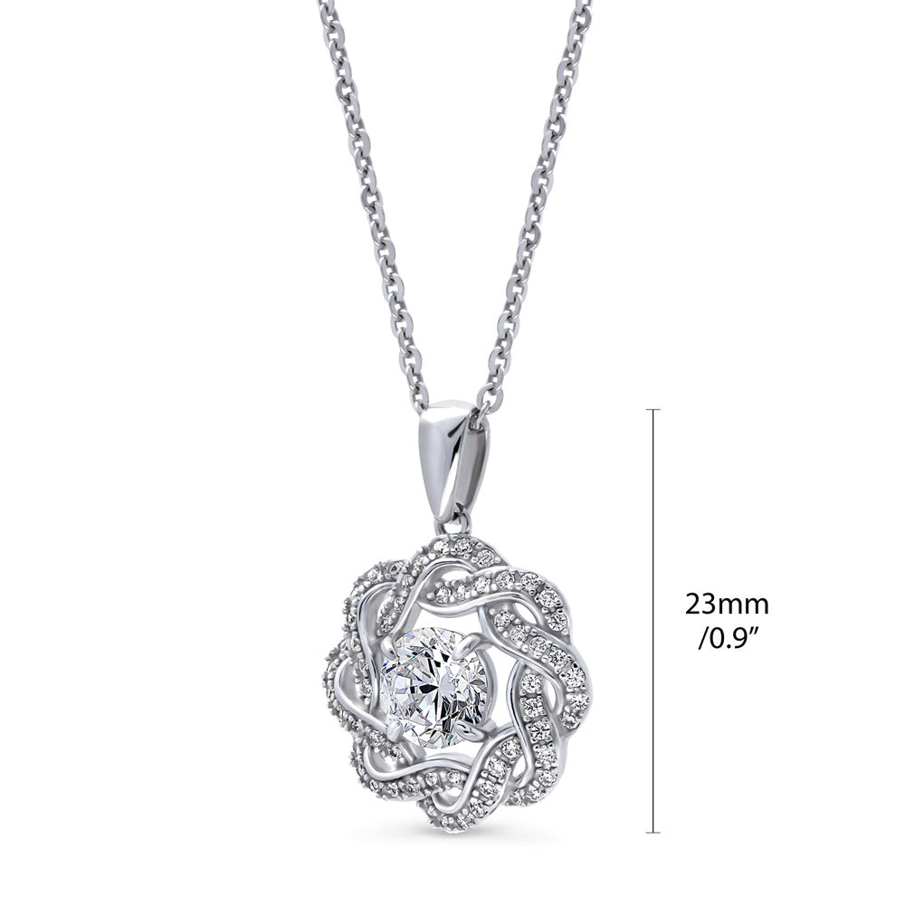 Front view of Flower Woven CZ Pendant Necklace in Sterling Silver