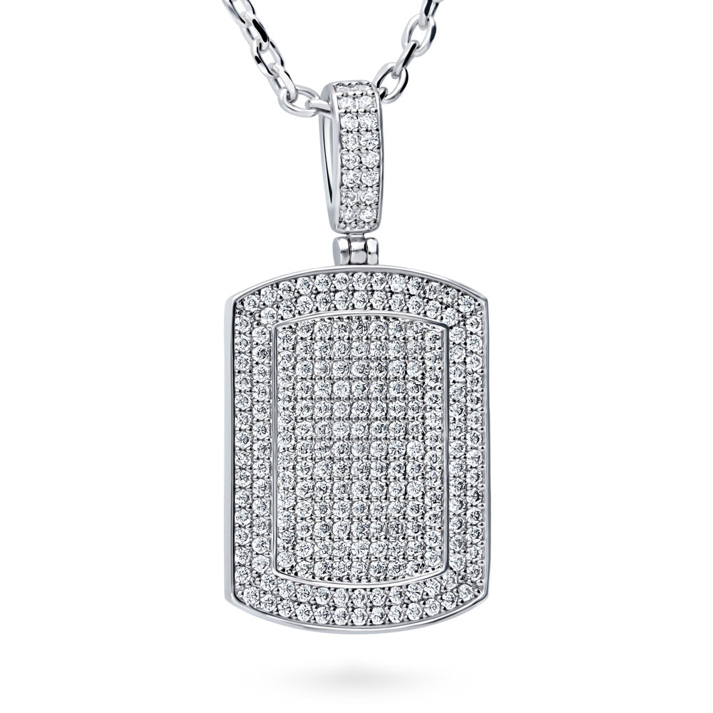 Dog Tag CZ Necklace, Rhodium Plated, Clear Stone