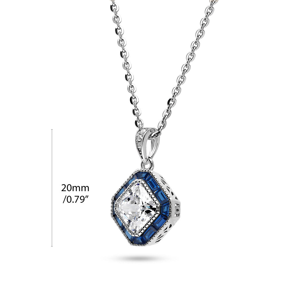 Halo Art Deco Milgrain Princess CZ Necklace in Sterling Silver