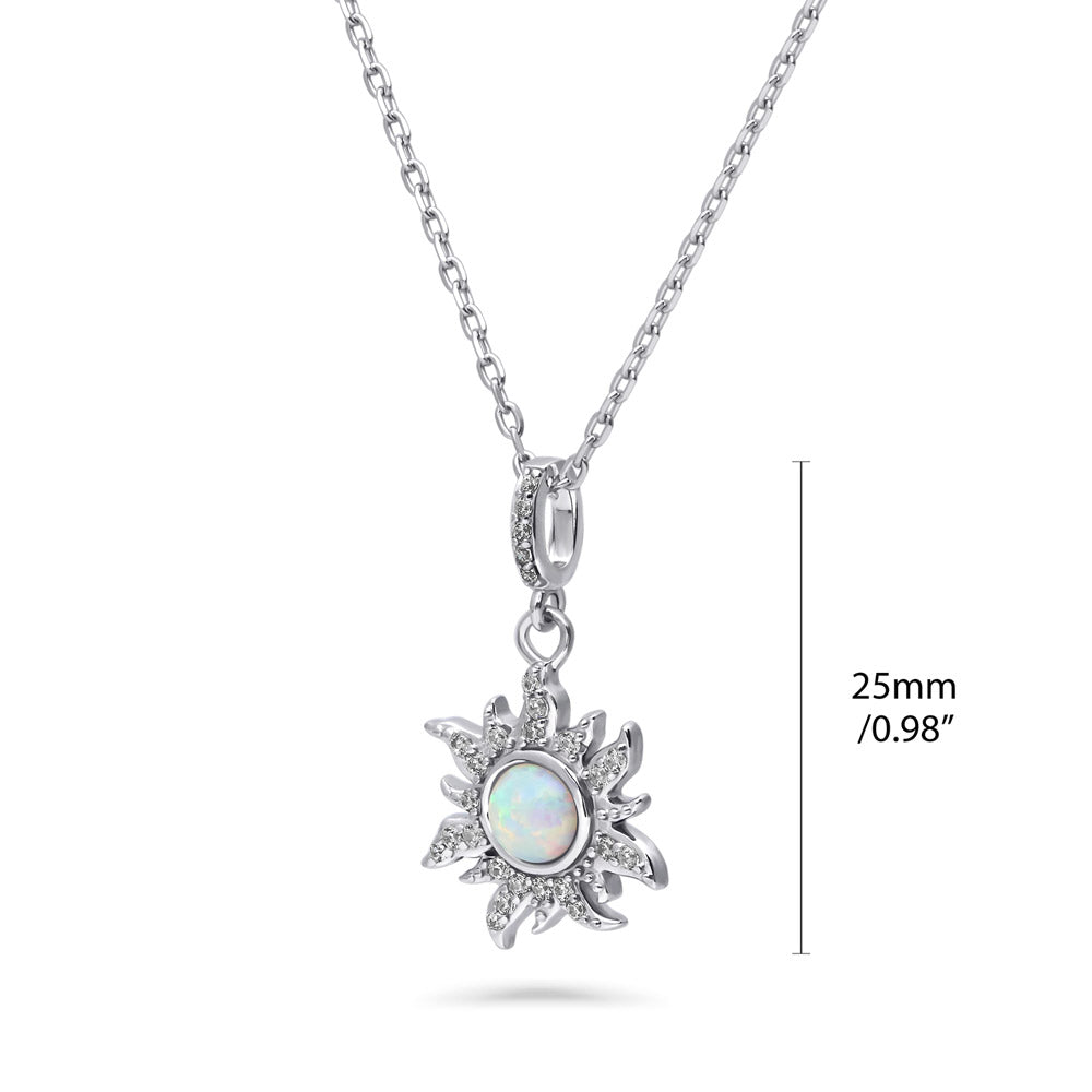 Front view of Sunburst Halo Simulated Opal CZ Pendant Necklace in Sterling Silver, 3 of 11