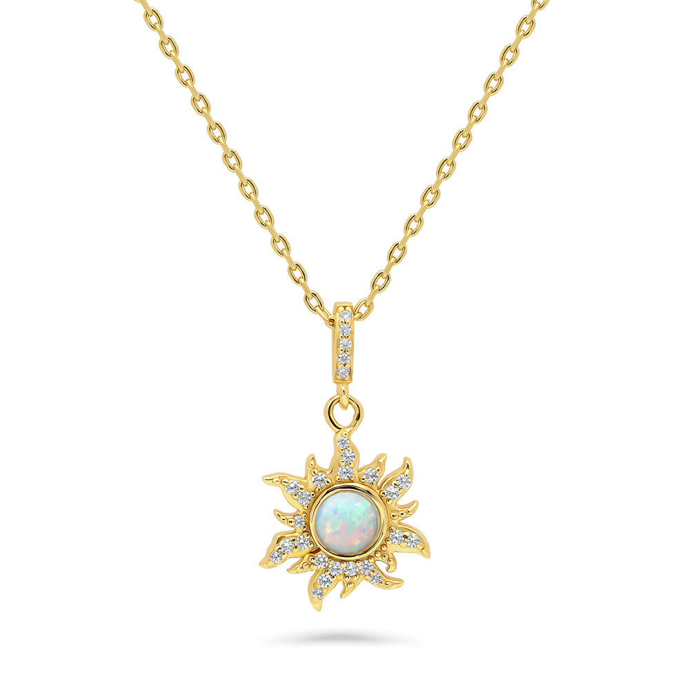 Sunburst Halo Simulated Opal CZ Pendant Necklace in Sterling Silver, 1 of 11