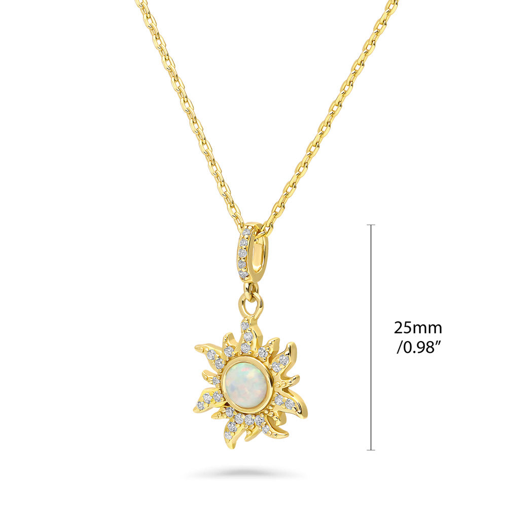 Front view of Sunburst Halo Simulated Opal CZ Pendant Necklace in Sterling Silver, 2 of 11