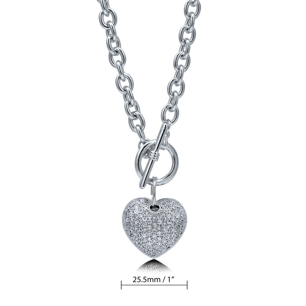 Angle view of Heart CZ Toggle Pendant Necklace in Silver-Tone