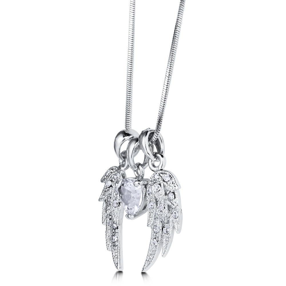 Angle view of Angel Wings CZ Pendant Necklace in Silver-Tone