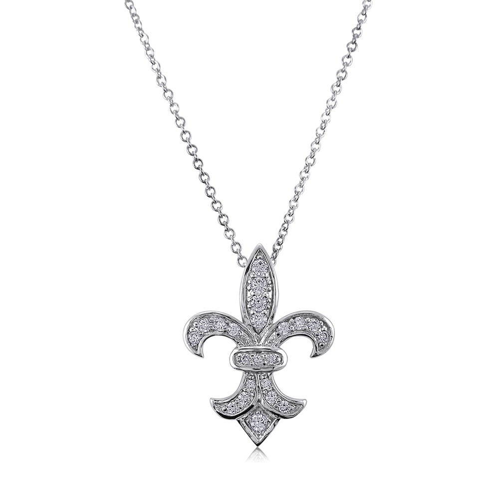 Fleur De Lis CZ Pendant Necklace in Sterling Silver