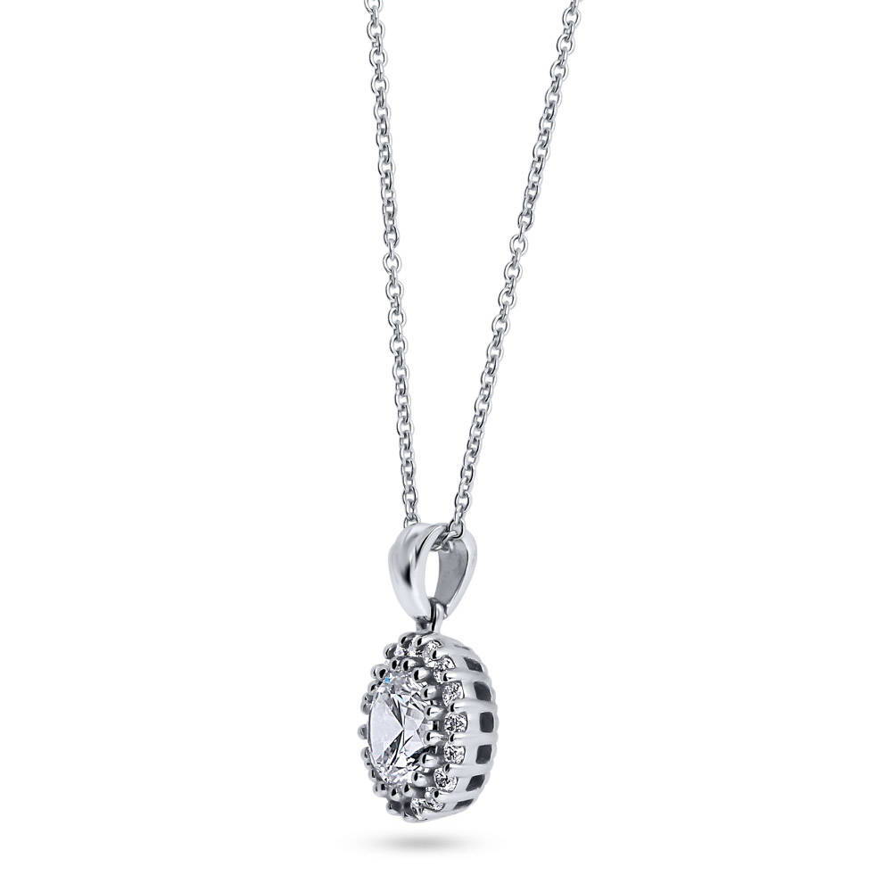 Front view of Halo Round CZ Necklace and Earrings Set in Sterling Silver
