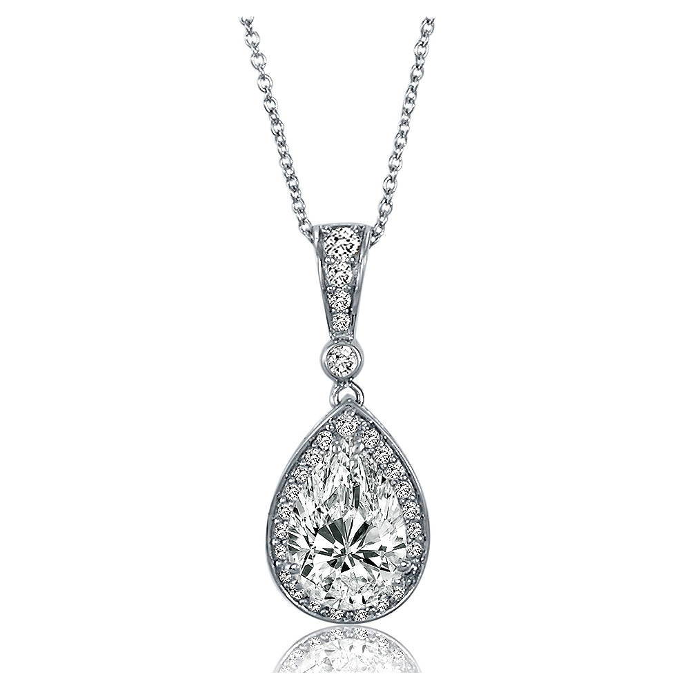 Halo Pear CZ Pendant Necklace in Sterling Silver