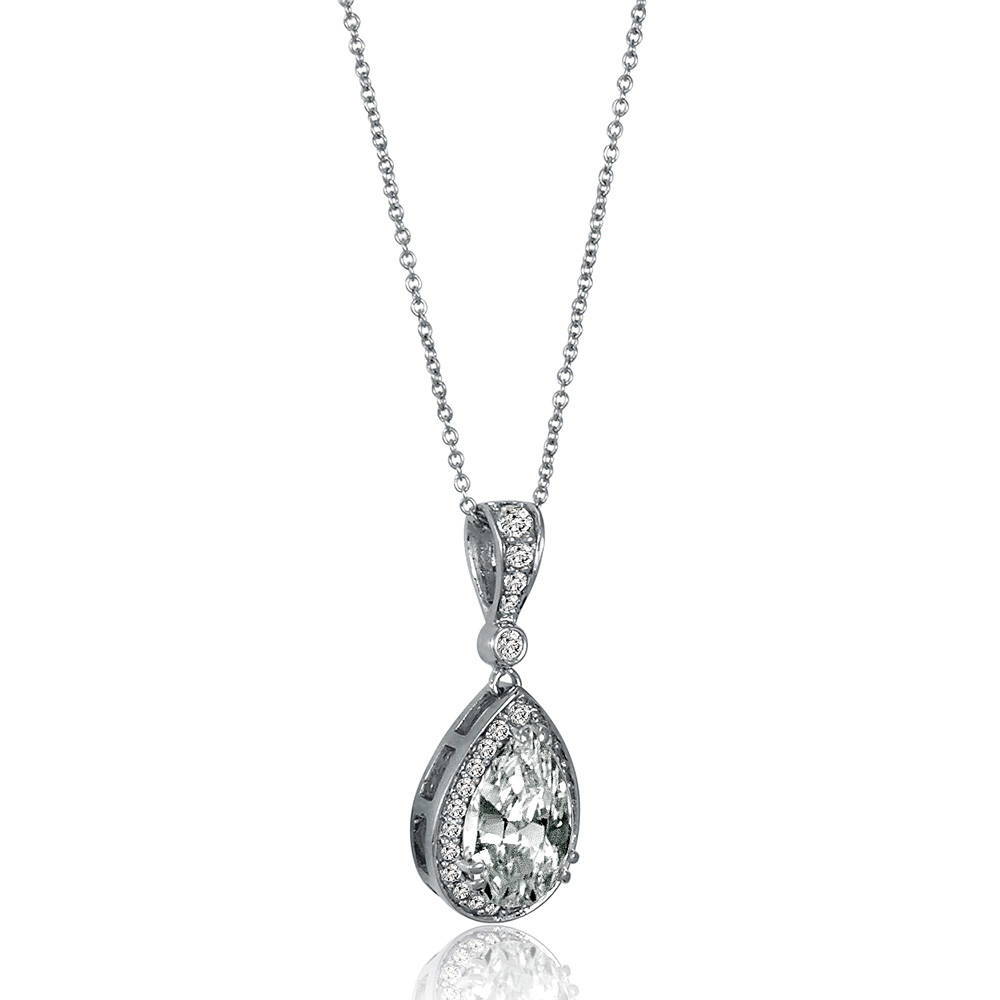 Halo Pear CZ Pendant Necklace in Sterling Silver