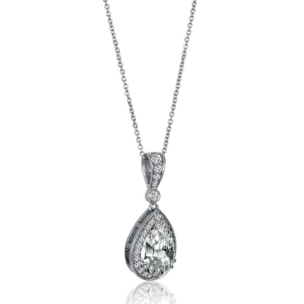 Angle view of Halo Pear CZ Pendant Necklace in Sterling Silver, 4 of 6