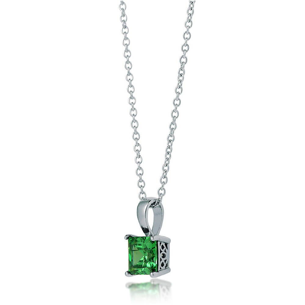 Front view of Solitaire Simulated Emerald Princess CZ Necklace in Sterling Silver