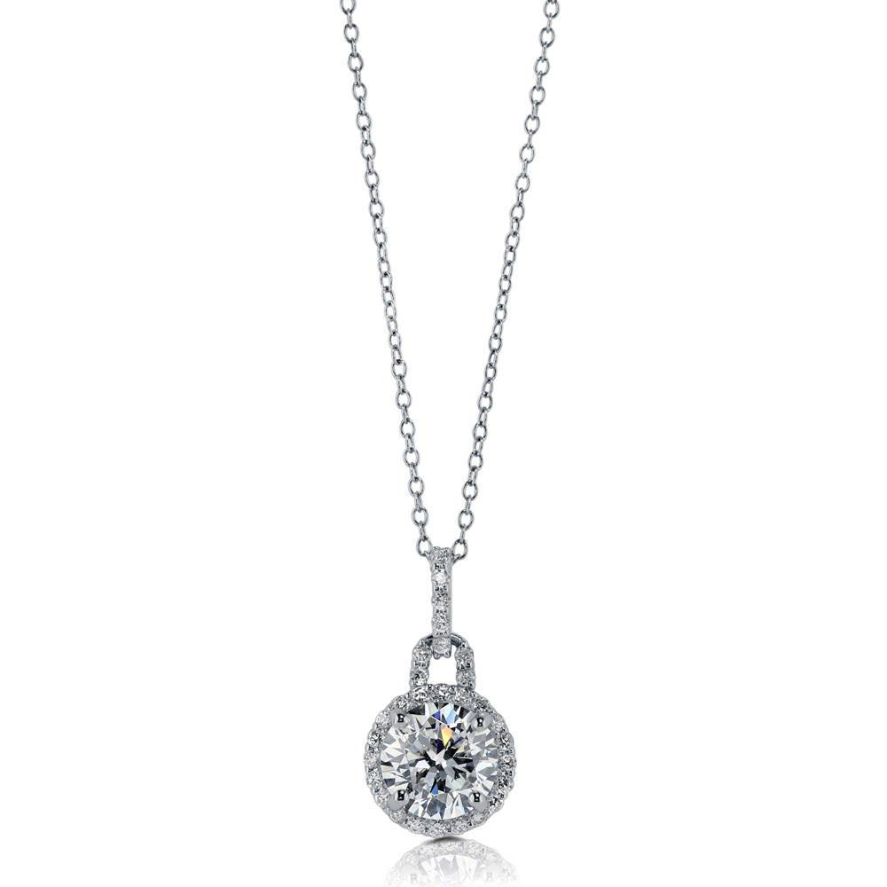 Front view of Halo Round CZ Pendant Necklace in Sterling Silver