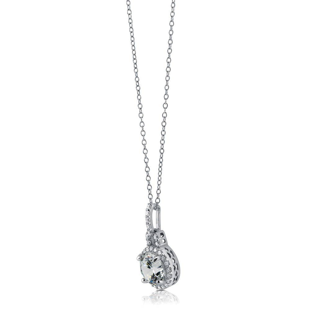 Angle view of Halo Round CZ Pendant Necklace in Sterling Silver