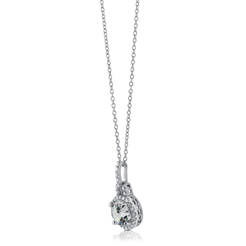 Halo Round CZ Pendant Necklace in Sterling Silver