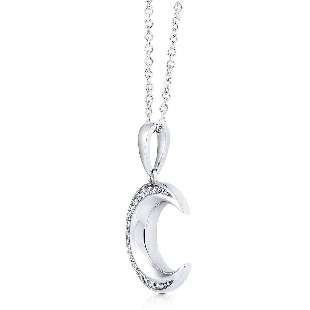 Angle view of Crescent Moon CZ Pendant Necklace in Sterling Silver