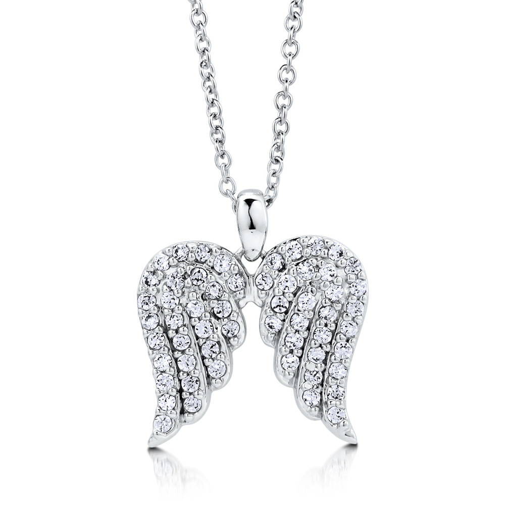 Angle view of Angel Wings CZ Pendant Necklace in Sterling Silver