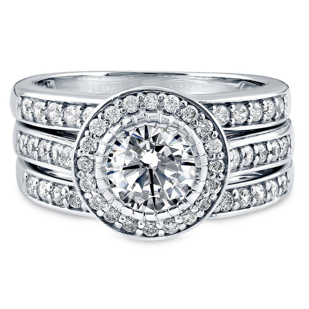 Halo Round CZ Statement Ring Set in Sterling Silver