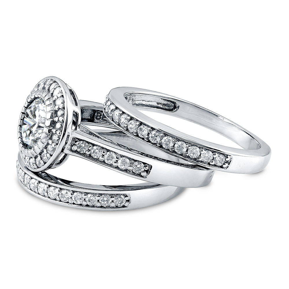 Halo Round CZ Statement Ring Set in Sterling Silver