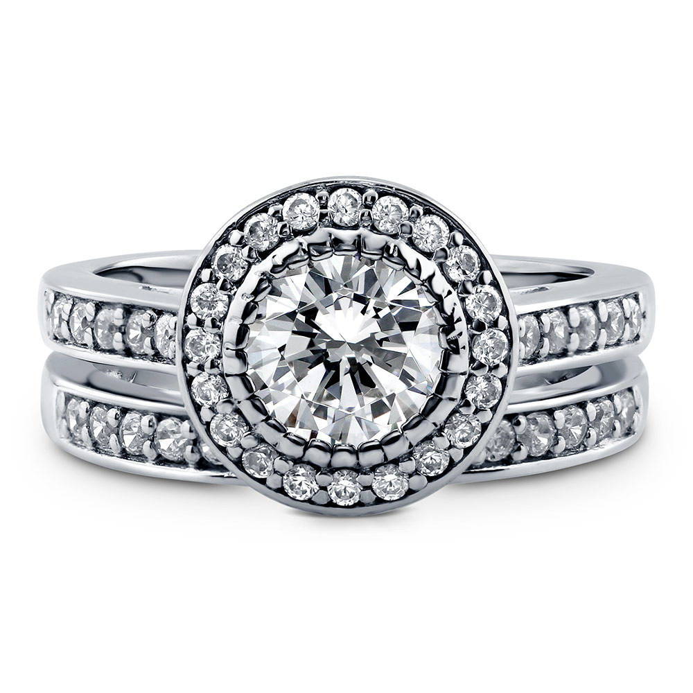 Halo Round CZ Ring Set in Sterling Silver