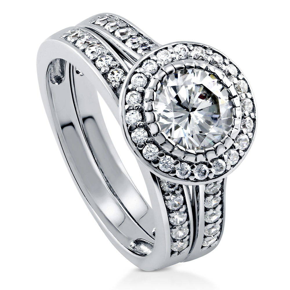 Halo Round CZ Ring Set in Sterling Silver, front view