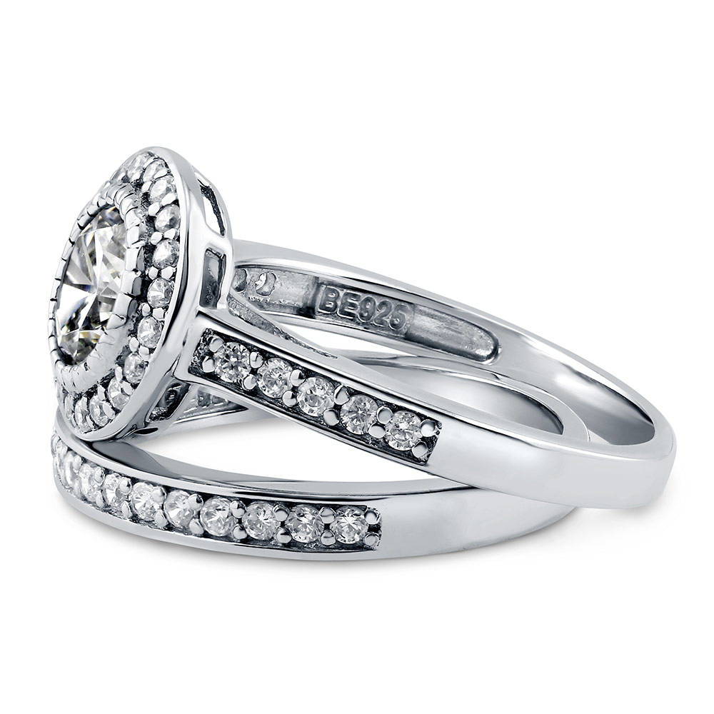 Halo Round CZ Ring Set in Sterling Silver, side view
