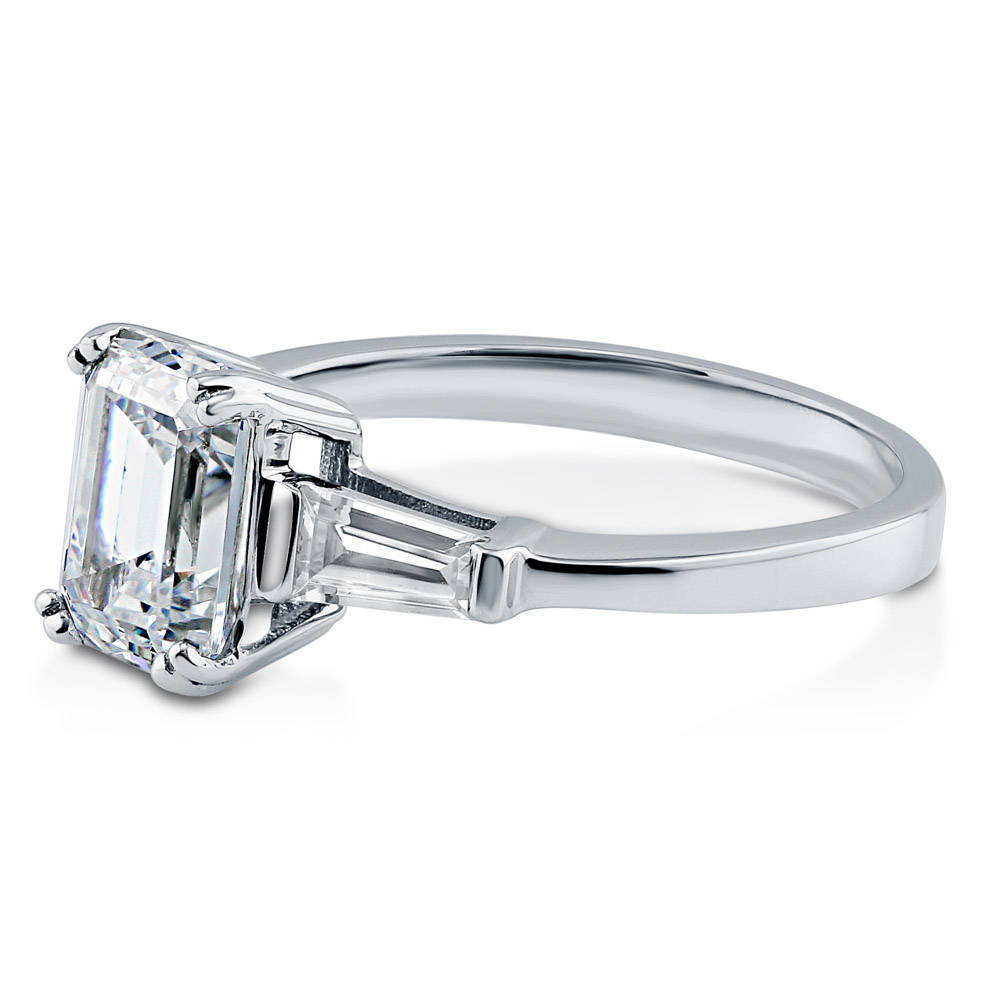 3-Stone Emerald Cut CZ Ring in Sterling Silver, side view