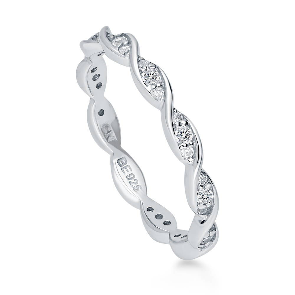 Front view of Woven Pave Set CZ Eternity Ring in Sterling Silver