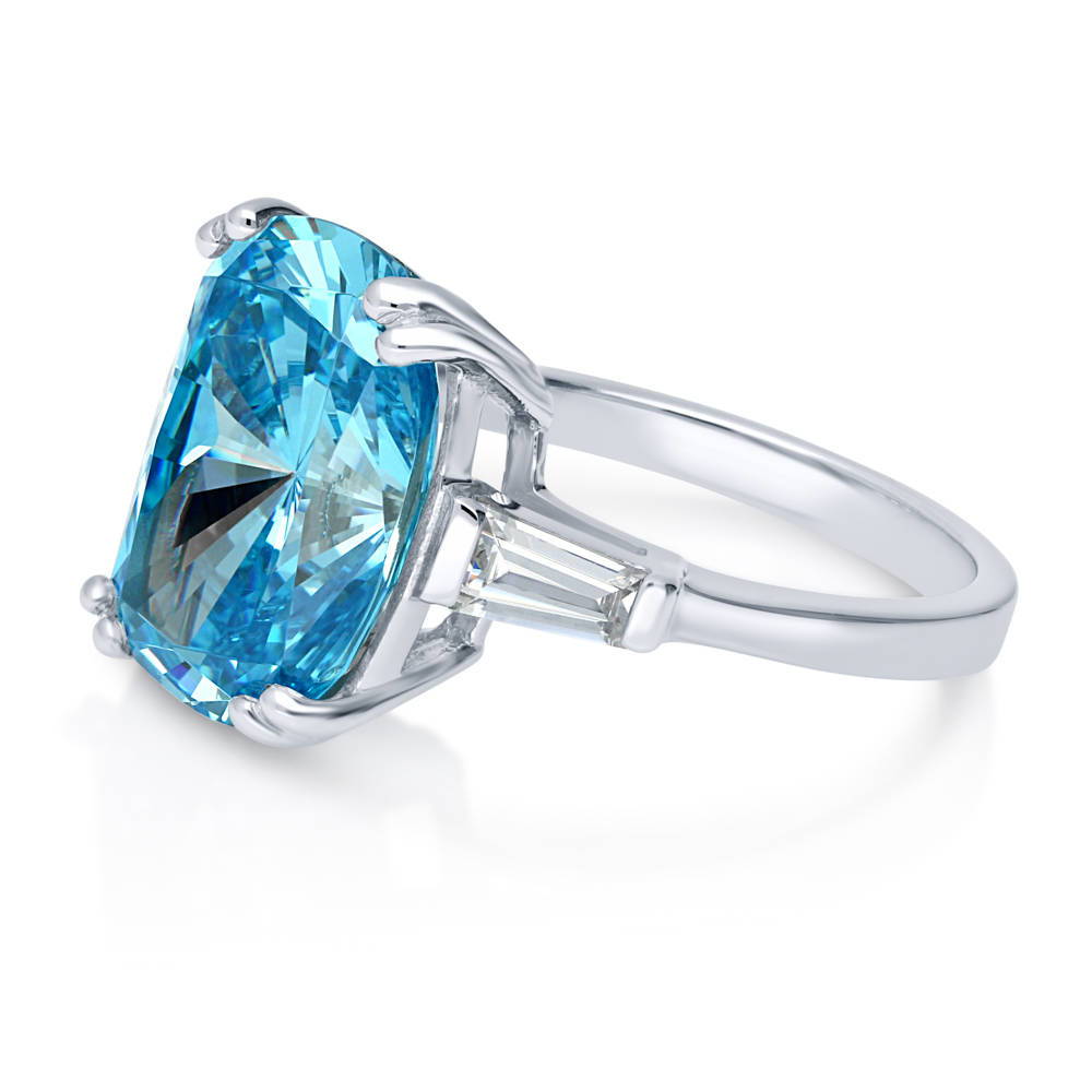 Angle view of 3-Stone Blue Cushion CZ Statement Ring in Sterling Silver