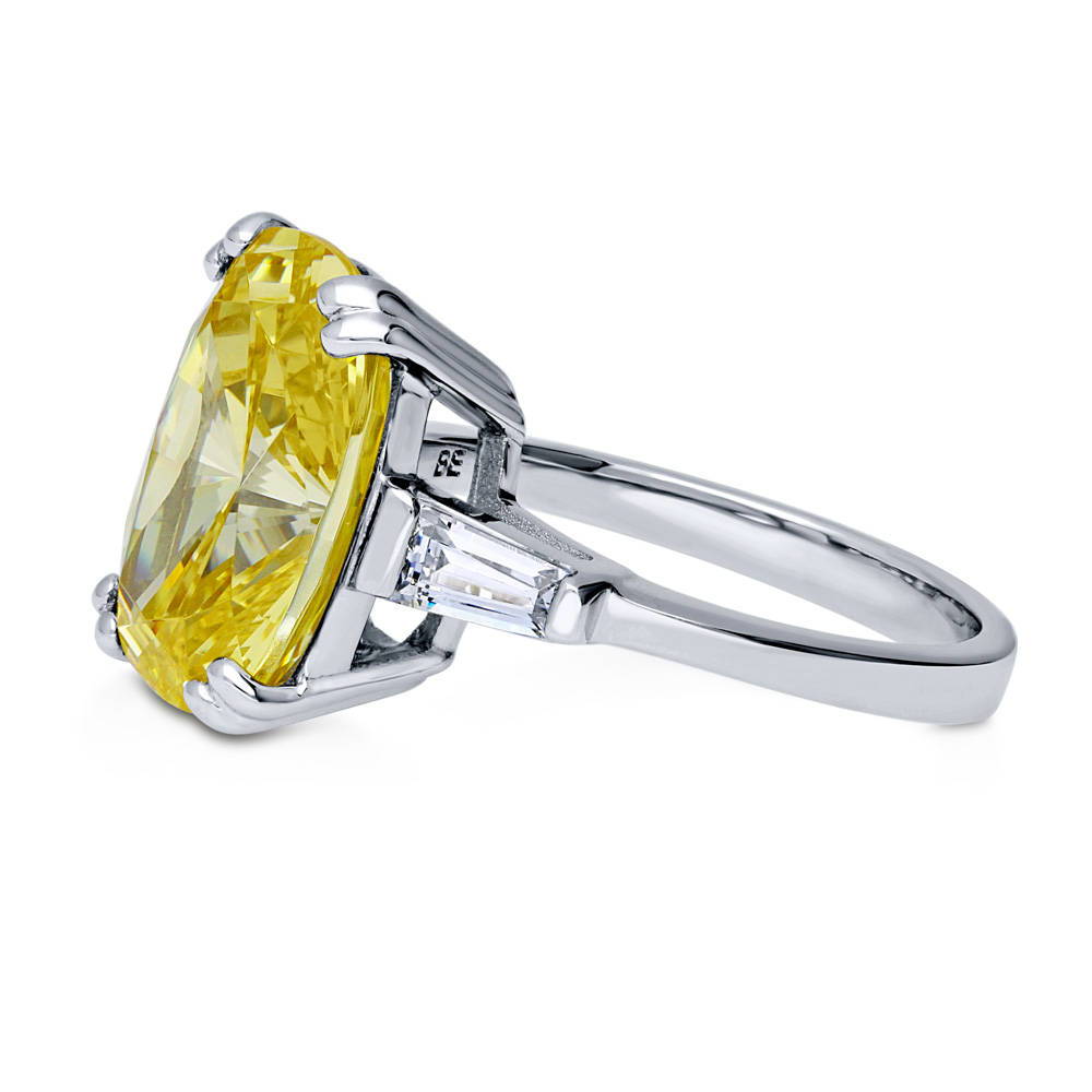 Angle view of 3-Stone Canary Yellow Cushion CZ Statement Ring in Sterling Silver