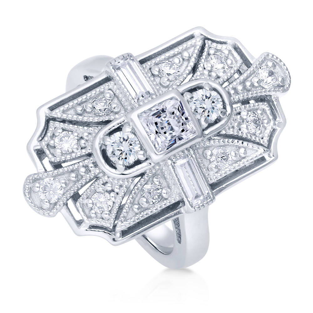 Front view of Art Deco Milgrain CZ Statement Ring in Sterling Silver