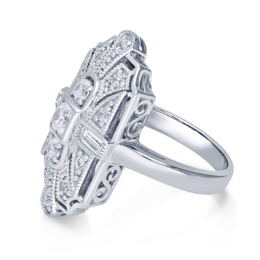 Angle view of Art Deco Milgrain CZ Statement Ring in Sterling Silver