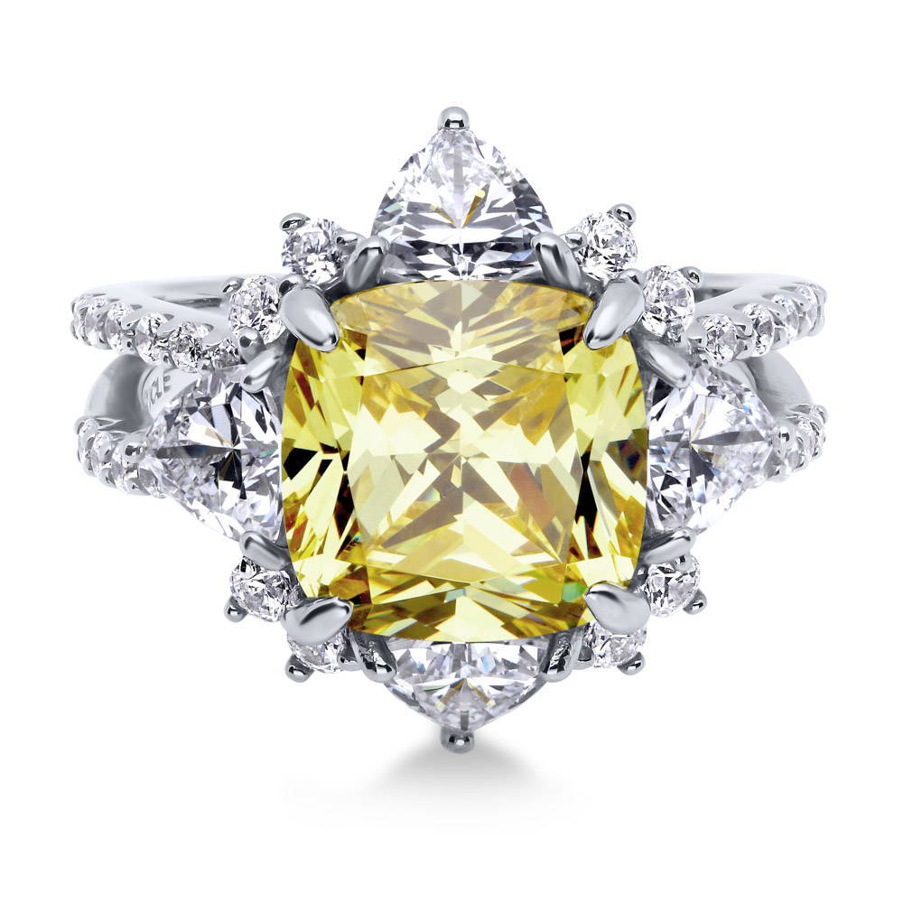 Halo Flower Canary Cushion CZ Split Shank Ring in Sterling Silver