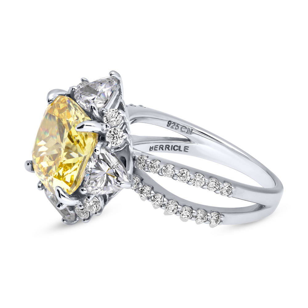 Angle view of Halo Flower Canary Cushion CZ Split Shank Ring in Sterling Silver