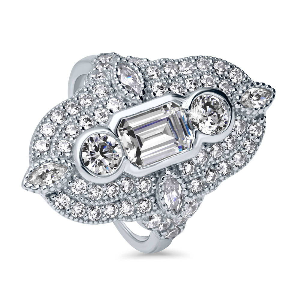 Front view of Art Deco Milgrain CZ Statement Ring in Sterling Silver