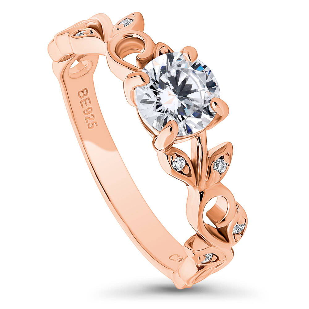 Front view of Solitaire Leaf 0.8ct Round CZ Ring in Rose Gold Plated Sterling Silver