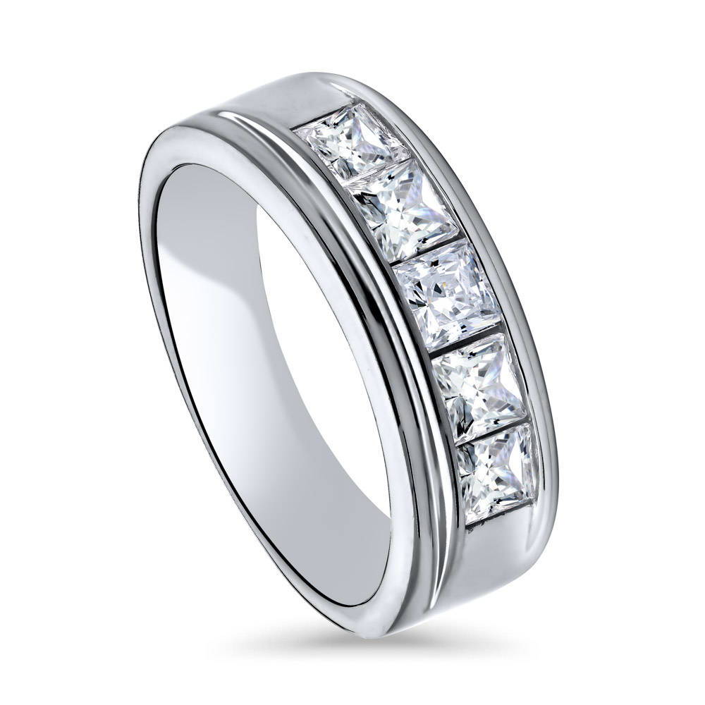 5-Stone Channel Set Princess CZ Half Eternity Ring in Sterling Silver, front view