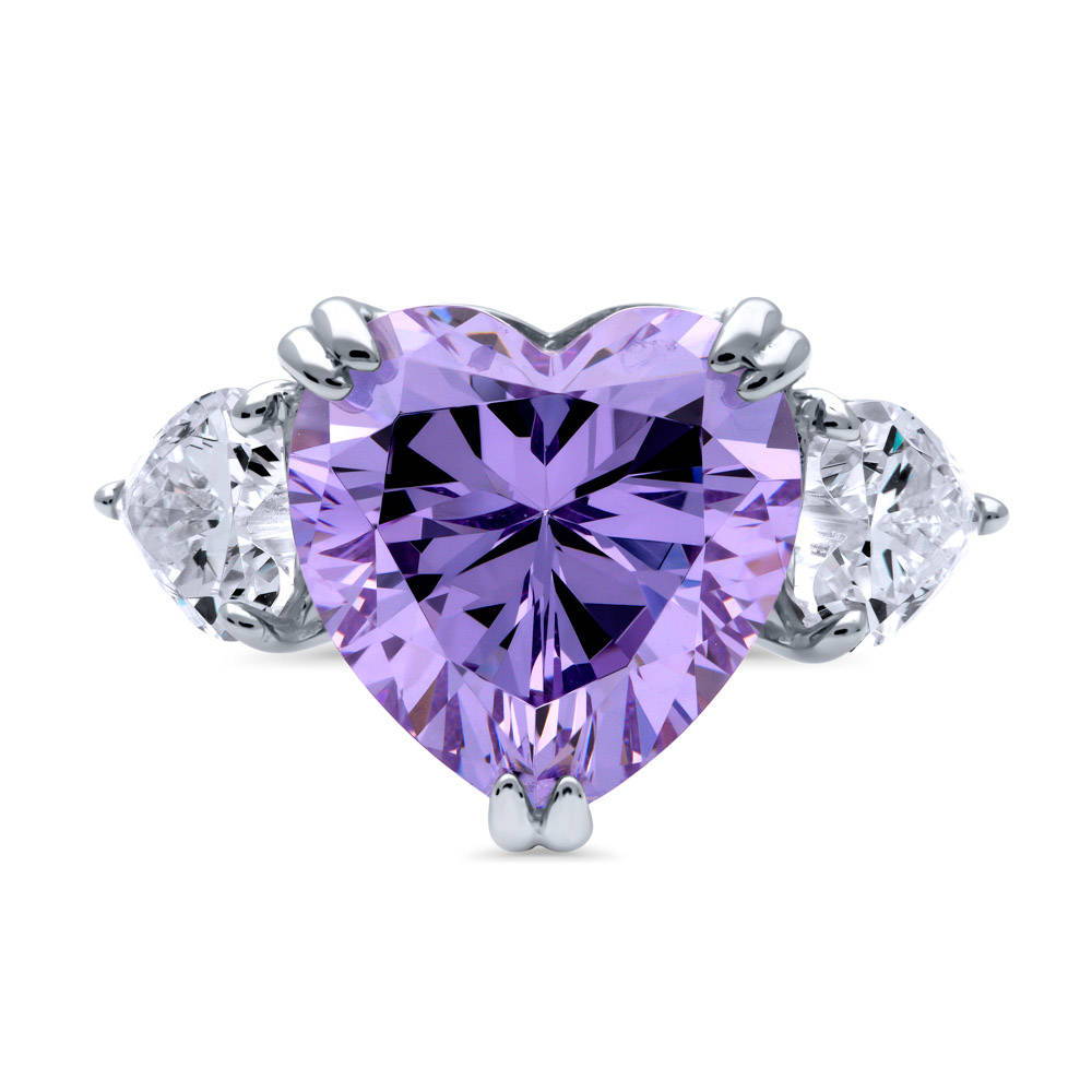 3-Stone Heart Purple CZ Statement Ring in Sterling Silver, 1 of 8