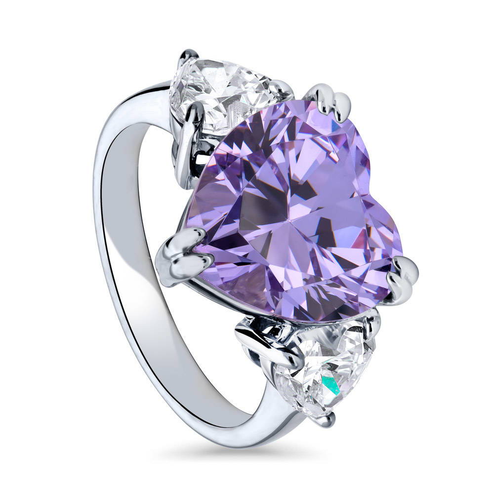 Front view of 3-Stone Heart Purple CZ Statement Ring in Sterling Silver, 4 of 8