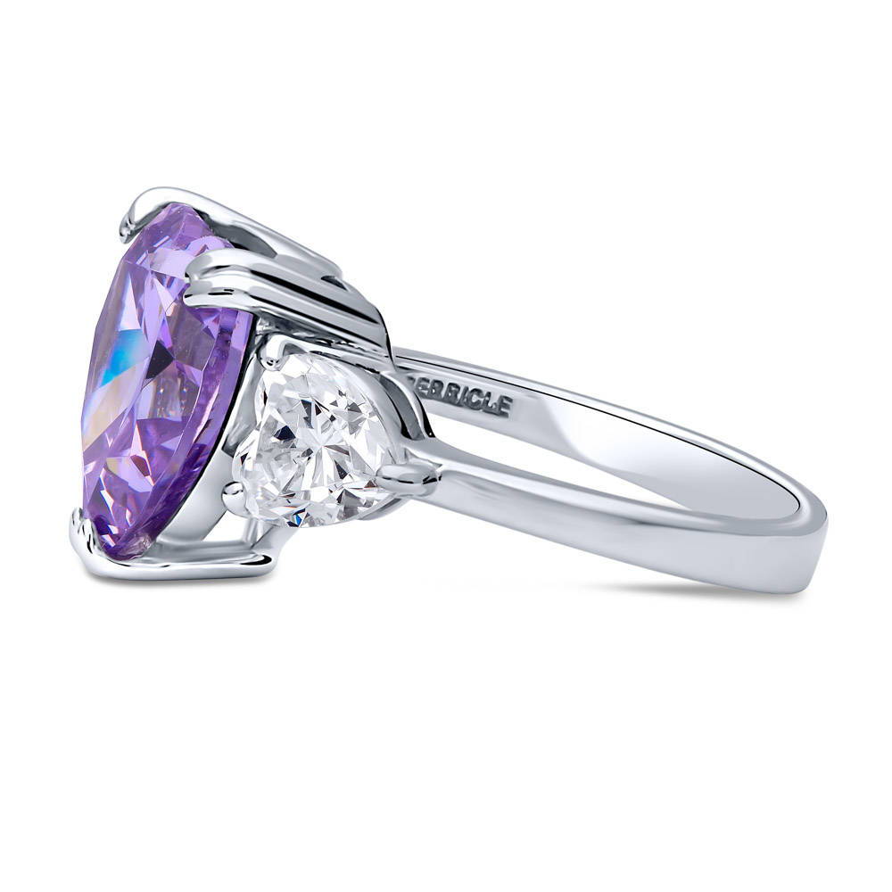 Angle view of 3-Stone Heart Purple CZ Statement Ring in Sterling Silver, 5 of 8