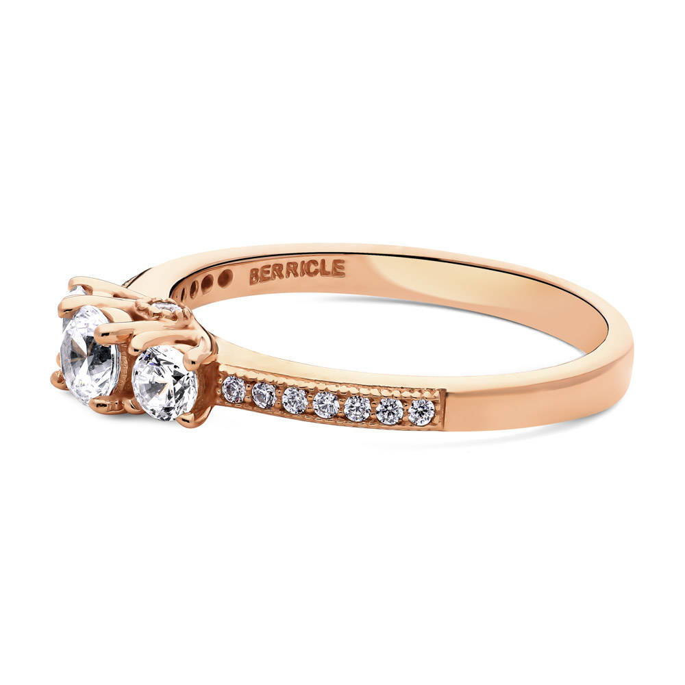 Angle view of 3-Stone Round CZ Ring in Rose Gold Plated Sterling Silver