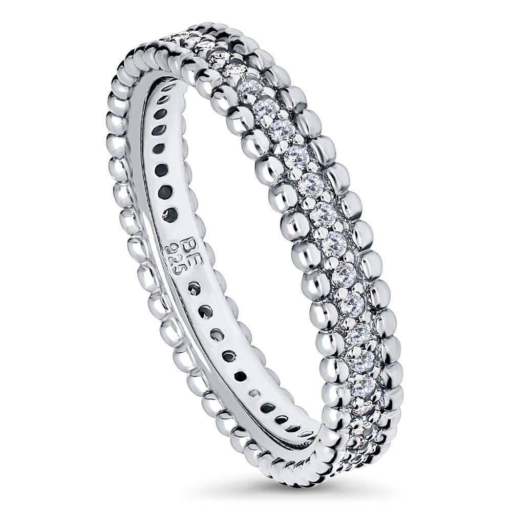 Front view of Bead Pave Set CZ Eternity Ring in Sterling Silver
