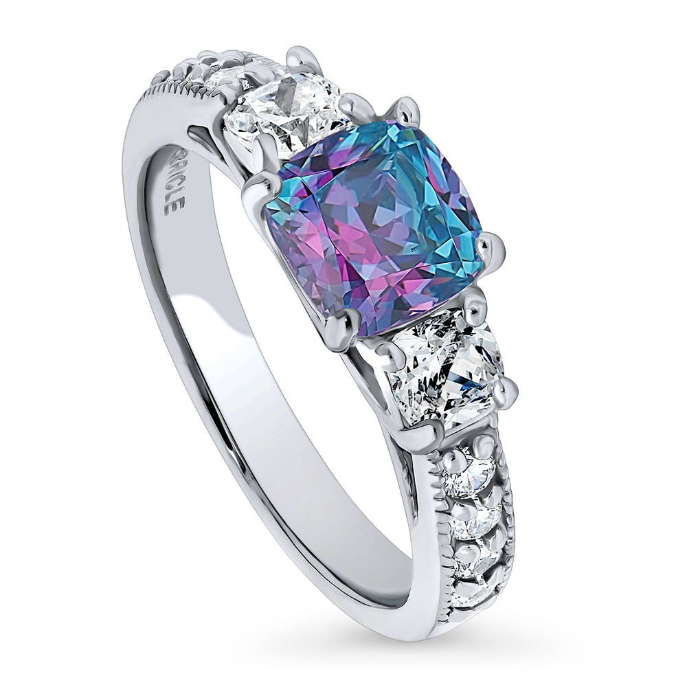 Front view of 3-Stone Kaleidoscope Purple Aqua Cushion CZ Ring in Sterling Silver