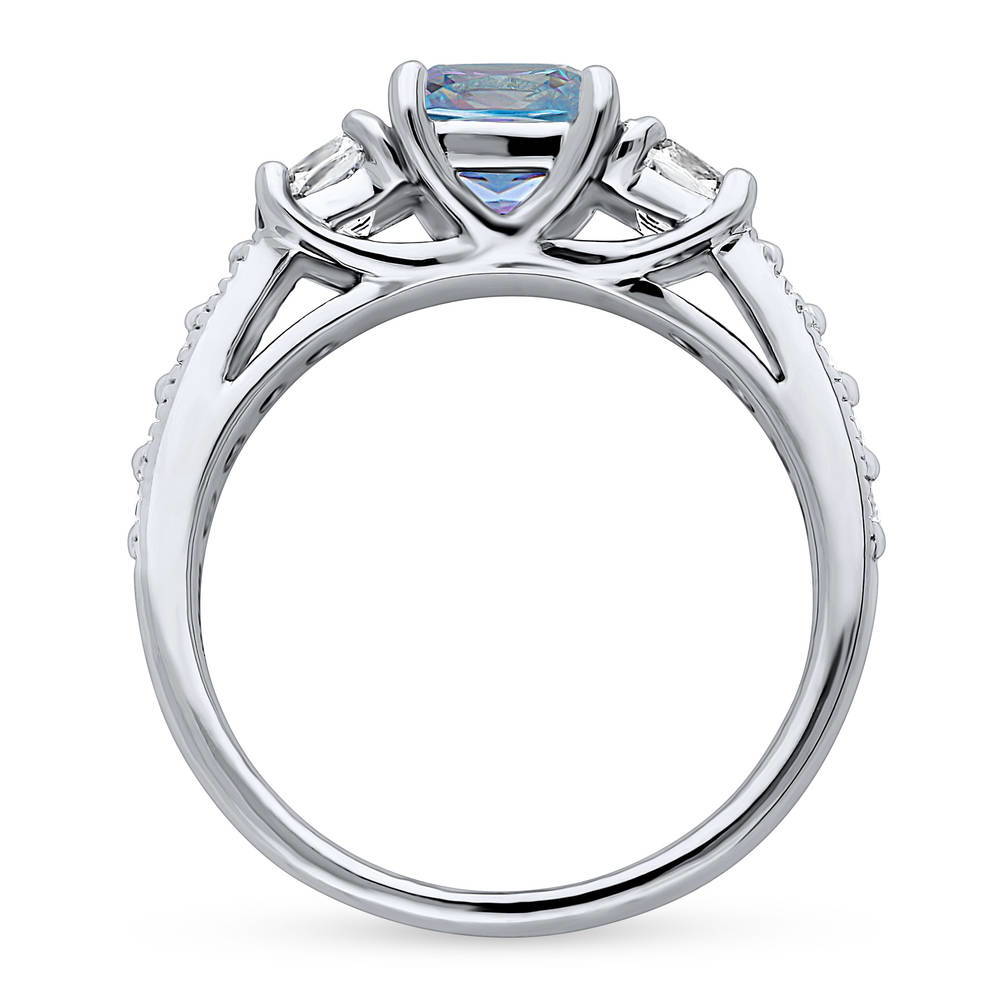 3-Stone Kaleidoscope Purple Aqua Cushion CZ Ring in Sterling Silver